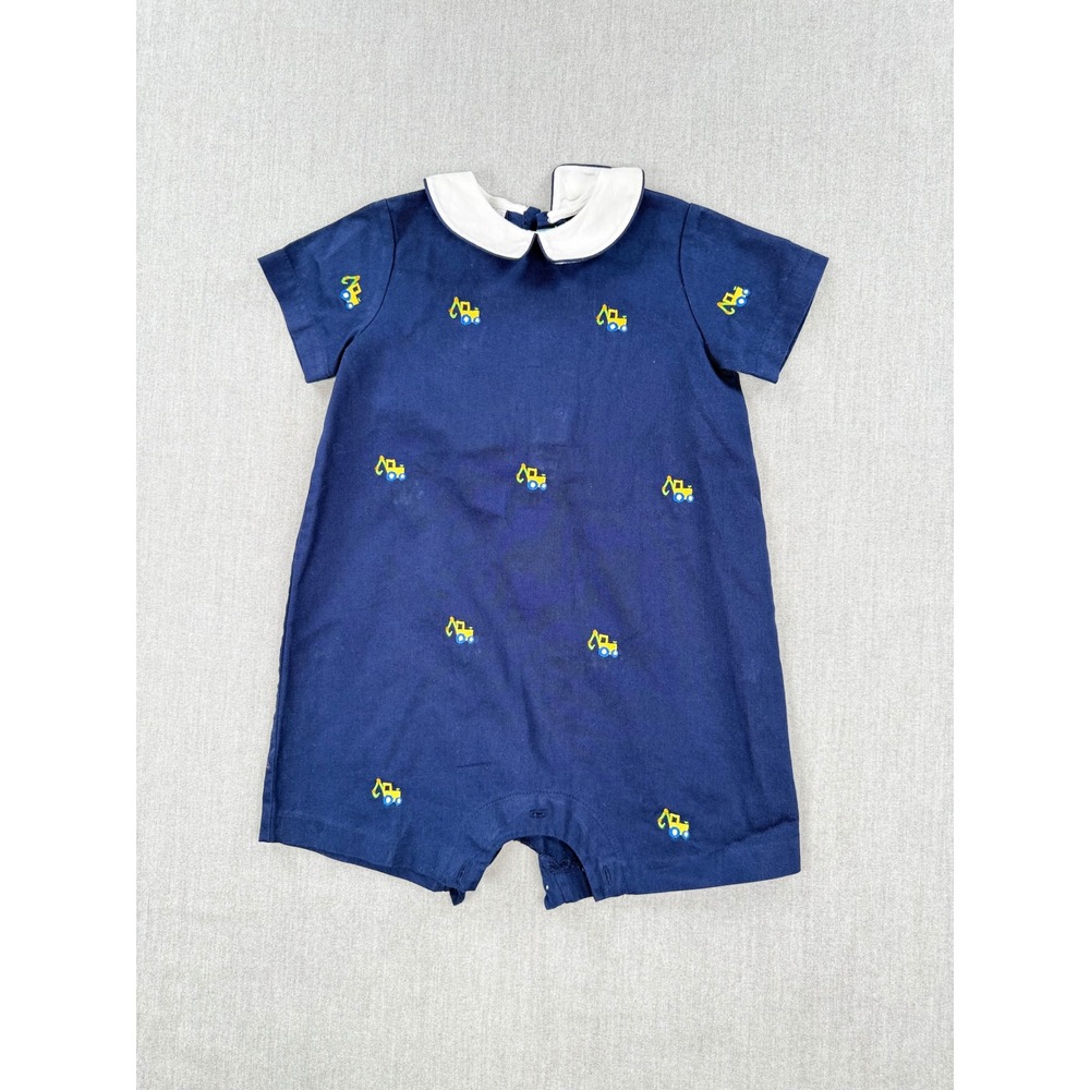 K&L Boys Navy‎ Blue Embroidered Tractor Romper Peter Pan Collar 24M